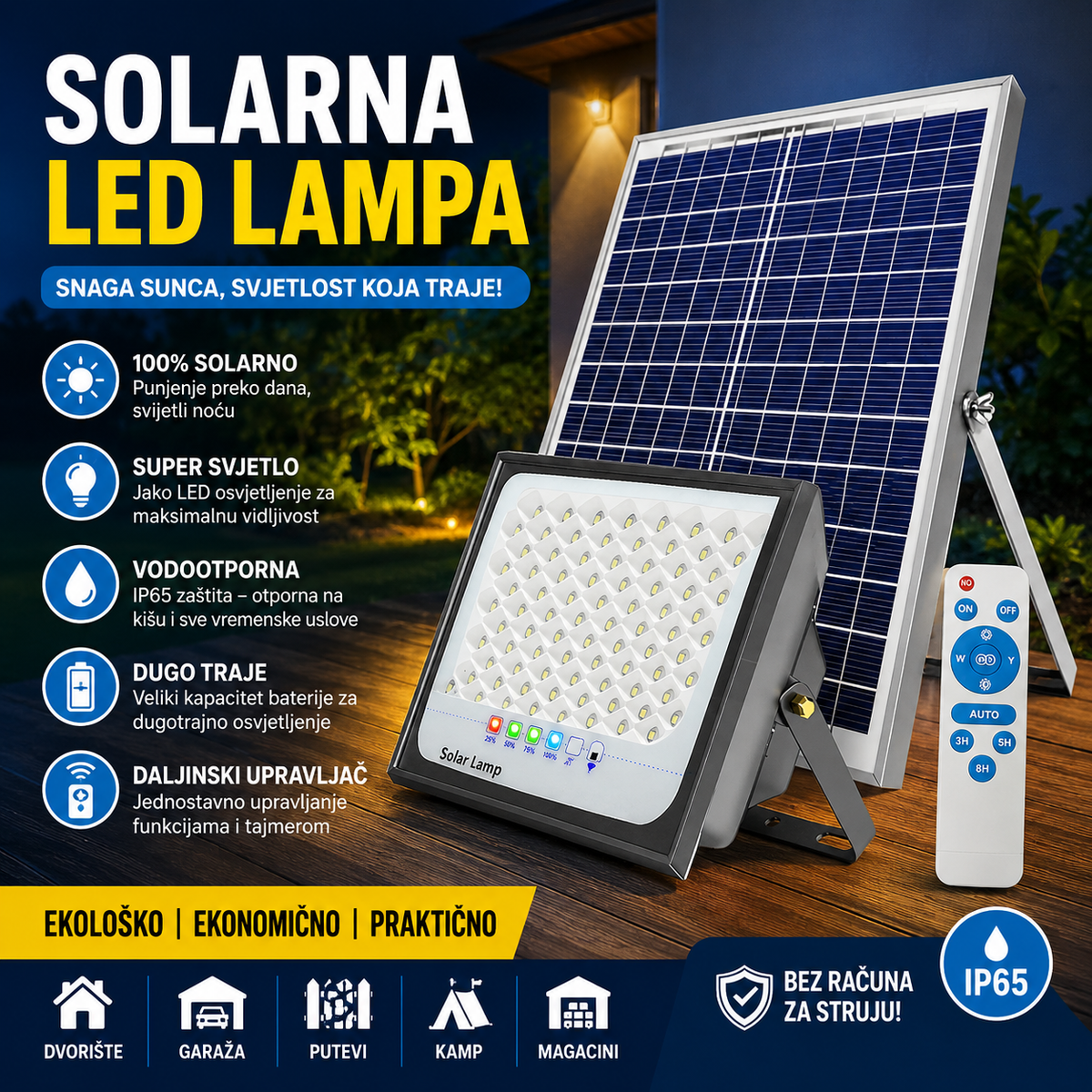 Solarna LED lampa sa panelom i daljinskim upravljačem
