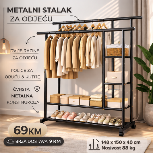 Metalni stalak za odjeću sa policama